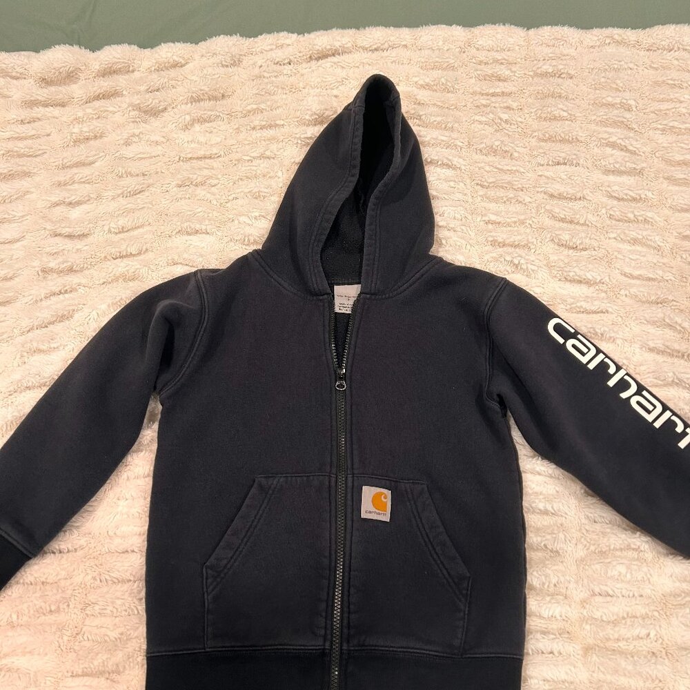 Carhartt Youth Black Long Sleeve Zip Up Hoodie With White Logo Size 7